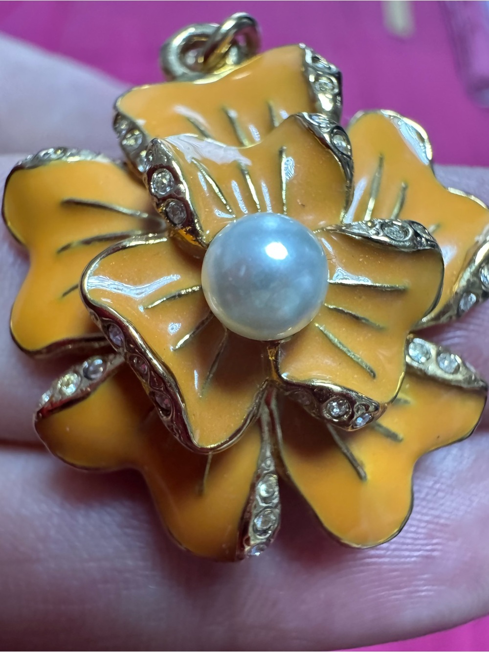 St. John Gold-Tone Orange Enamel Flower Pendant Necklace with Pearl